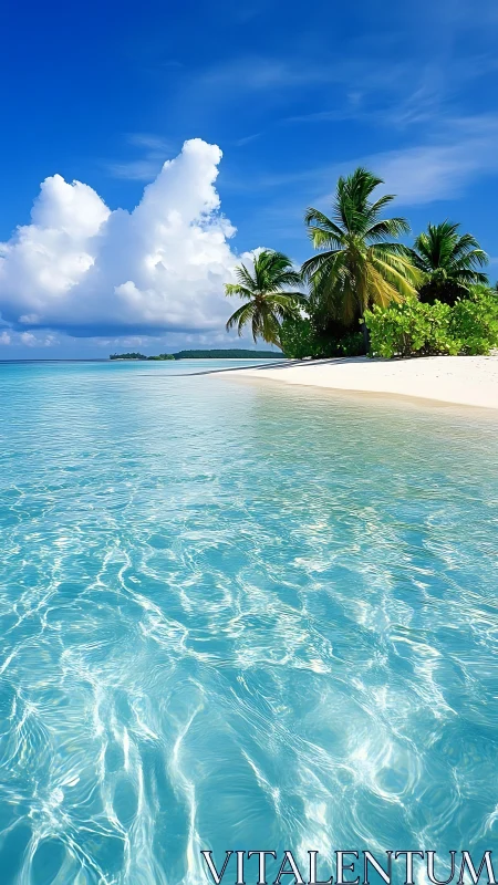Tropical beach landscape with palms and shallow water.