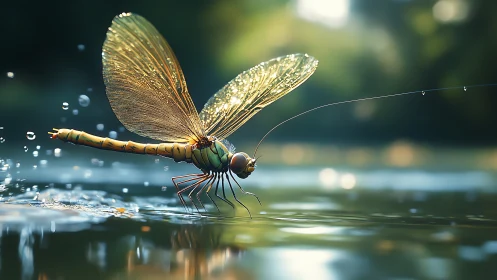 Dragonfly skimming over sunlit water surface in motion.