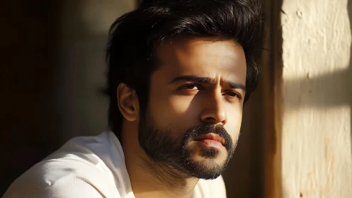 Pensive bearded man in warm side light by window frame.