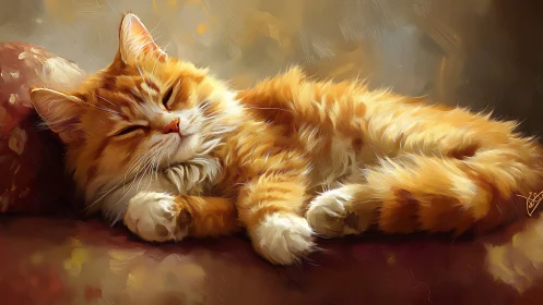 Ginger tabby cat in repose: digital rendering with impressionistic brushwork