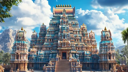 Ornate Dravidian temple rises under bright tropical sky.