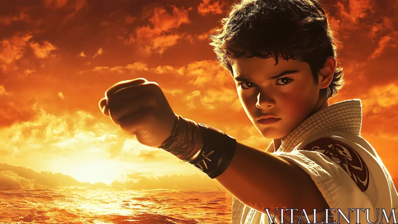 Photorealistic martial youth portrait against sunset horizon.