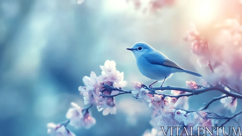 Cerulean songbird perched among spring's delicate blooms.