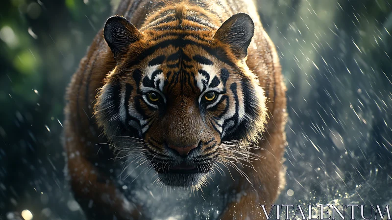 Predatory Bengal tiger advances through rain in hyperreal detail