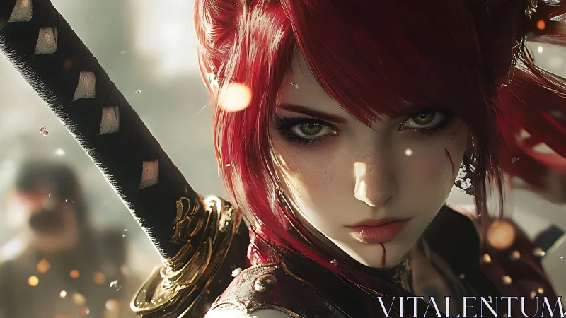 Scarred red-haired swordswoman locks intense warrior gaze