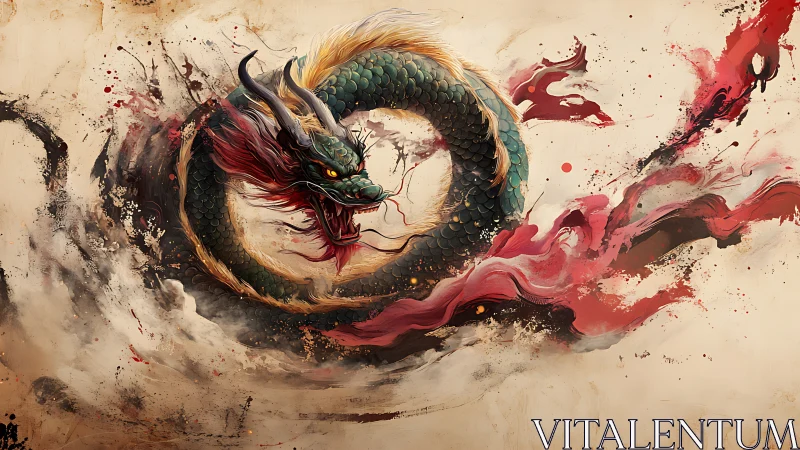 Mythic oriental dragon swirling through crimson storm.