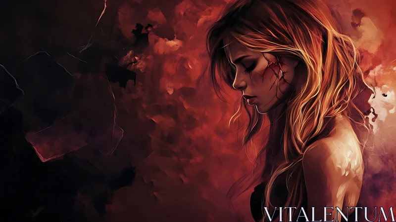 Chromatic portrait of wounded woman in ember-saturated field.