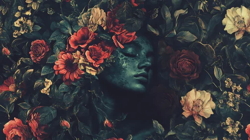 Floral-shrouded female visage merges with dark botanical field