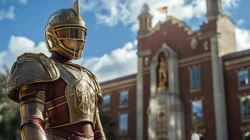Armored futuristic knight stands before collegiate fa&ccedil;ade