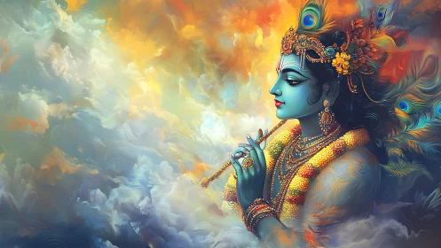 Divine blue deity with flute amid swirling celestial clouds.