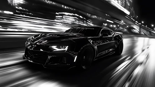 Sleek black muscle car races through neon-lit city streets.