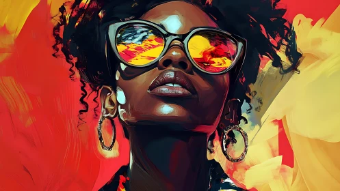 Chromatic portrait with reflective lenses and gestural strokes.