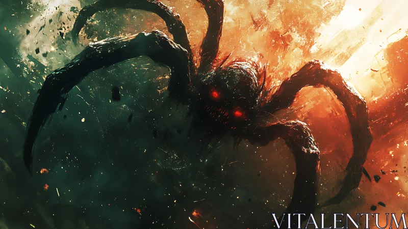Infernal arachnid entity emerging through cosmic firestorm.