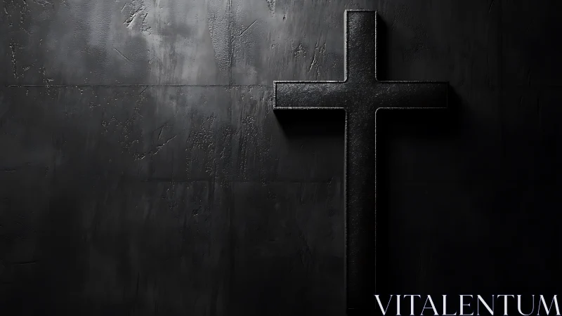 Black crucifix casts stark shadow on textured dark wall