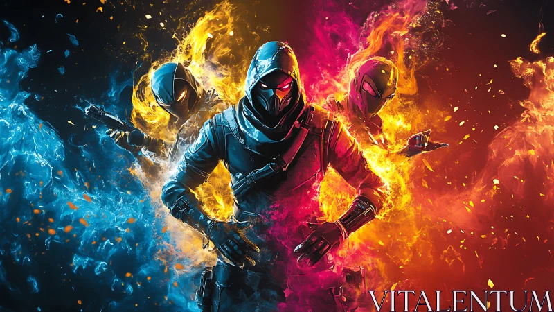 Hooded futuristic soldiers framed by blue and red fire effects.