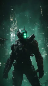 Armored cyber soldier stands guard in neon-drenched cityscape.
