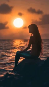 Mermaid silhouette sits on coastal rock at bright ocean sunset