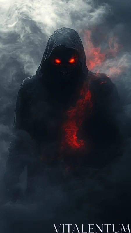 Hooded demonic figure with fiery red eyes in dense mist.