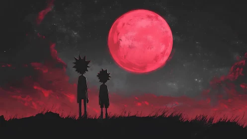 Two silhouetted figures stare at a huge red moon.
