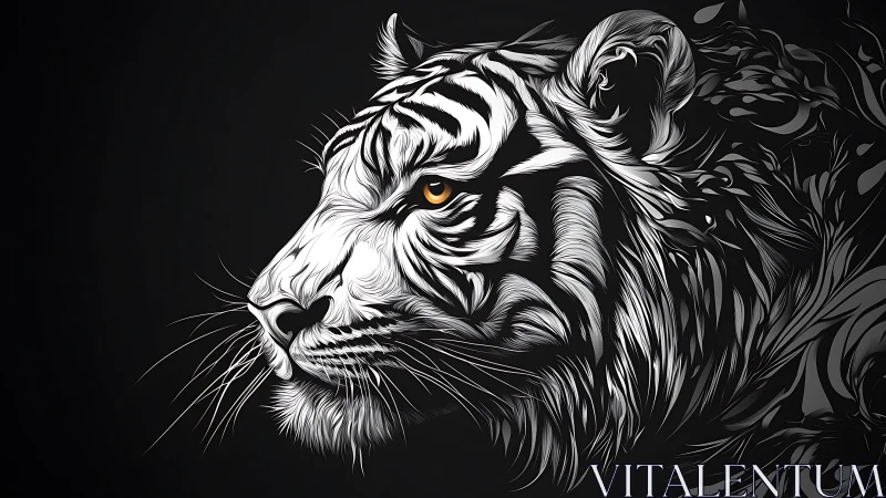 White tiger profile rendered in bold monochrome strokes.