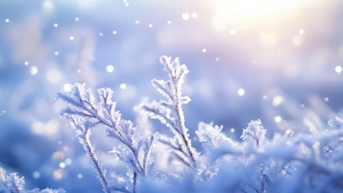 Macro winter frost on meadow branches in soft sunrise bokeh