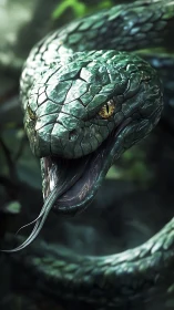 Coiled green serpent rendered with detailed scaled surface