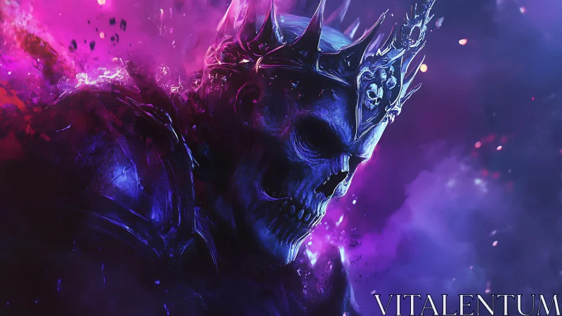 Crowned skeletal king drifting through cosmic purple storms.