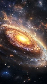 Golden spiral galaxy glows warmly in a starlit cosmos