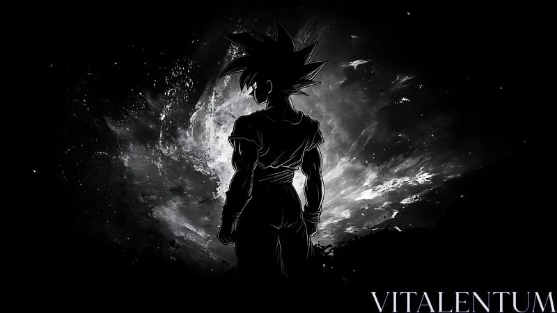 Silhouetted anime warrior facing cosmic energy blast.