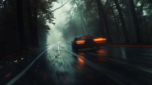 Speeding car on wet forest road under heavy fog at night.