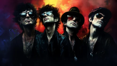 Rock quartet in neon backlight with gritty digital styling.