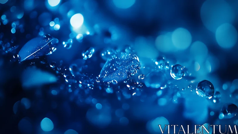 Macro shot of water droplets on blue reflective surface.