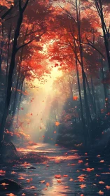 Forest stream in autumn with falling leaves and directional light.