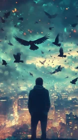 Night rooftop reverie with swirling city lights and wild wings.