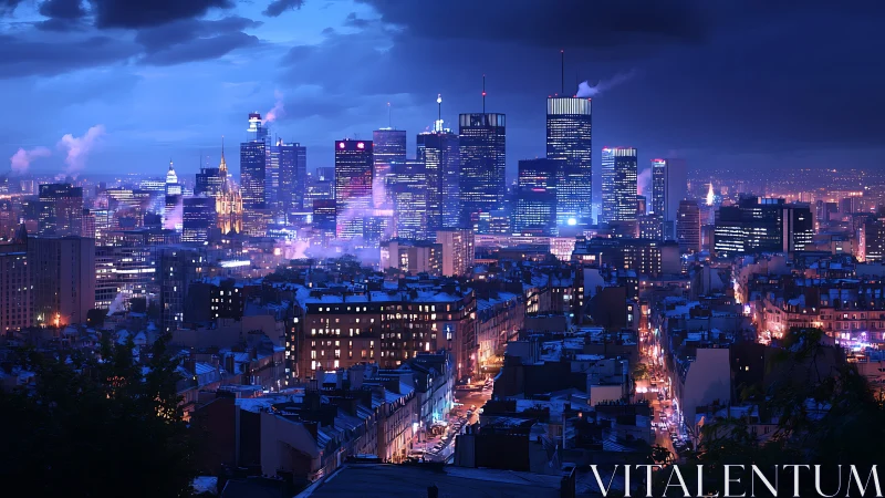 Neon city skyline glows under stormy twilight clouds.