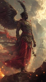 Winged warrior figure stands over burning rocky landscape
