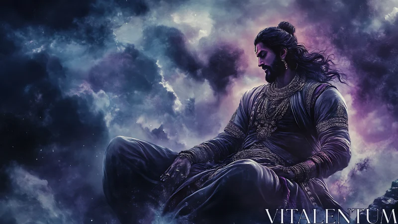 Cosmic warrior prince resting within swirling nebula clouds.