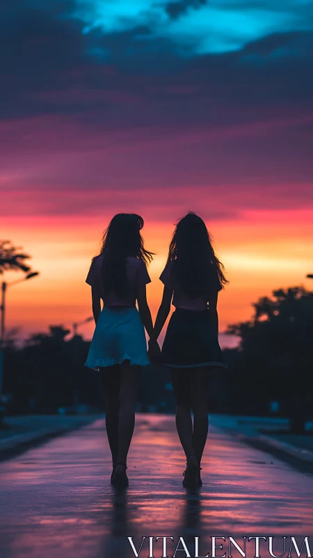 Silhouetted friends walking under vivid sunset sky.