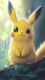 Sunlit yellow creature sits calmly in a soft forest glow