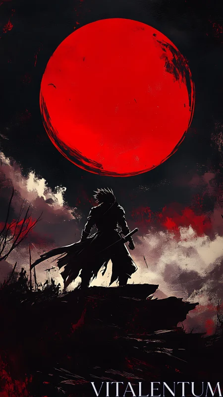 Digital painting of lone swordsman under colossal blood moon.