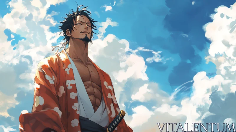 Samurai in orange kimono under luminous summer sky.