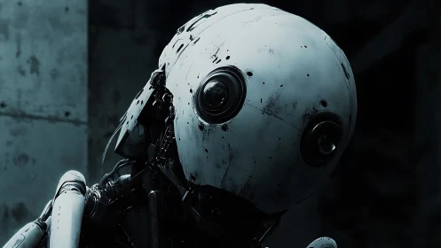 Gentle robot with curious gaze in a quiet shadowed room.