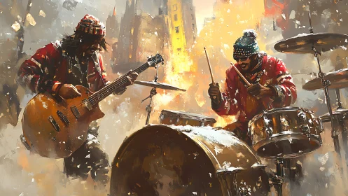 Street musicians perform with bass and drums in winter city