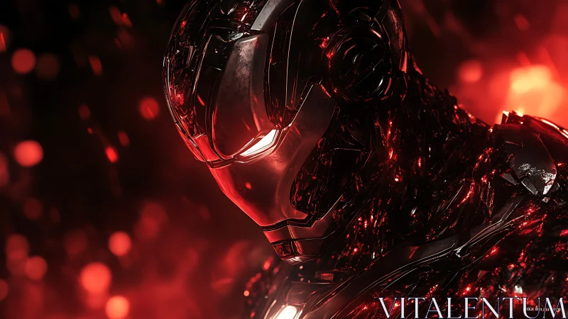 Chrome armored cyborg stands in molten red illuminated void