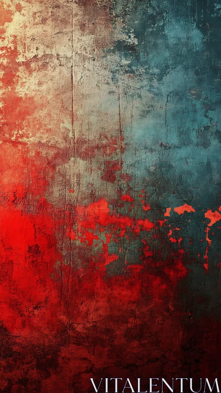 Textured vertical abstract surface divides red and teal fields