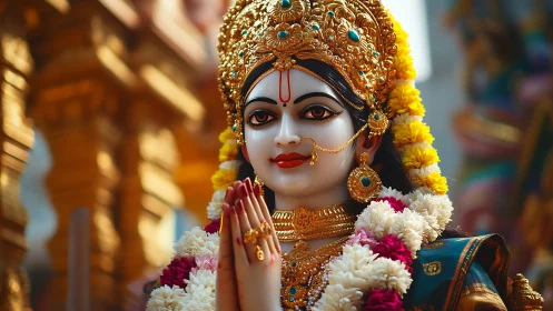 Hindu goddess statue with garlands stands in temple courtyard