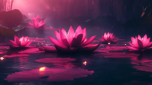 Midnight lotus lanterns drifting across a dreamlit pond.