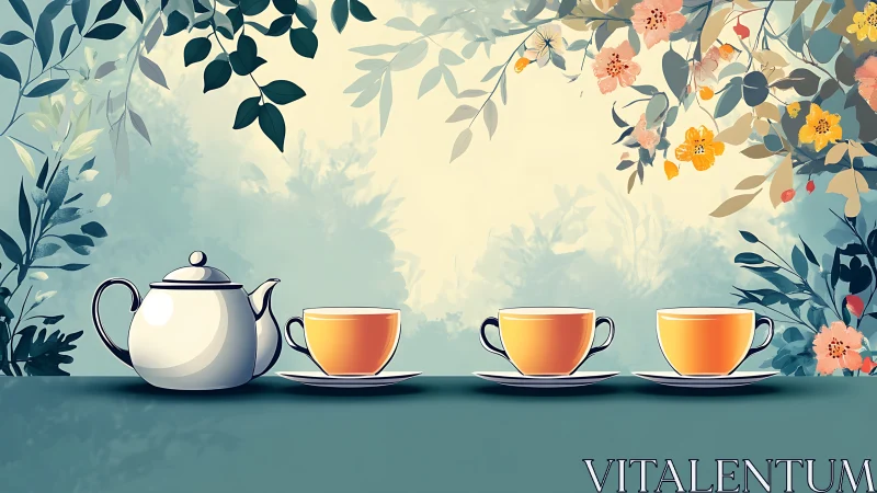 Porcelain teapot with three teacups on floral garden table