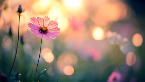 Single pink cosmos flower stands against blurred sunset bokeh
