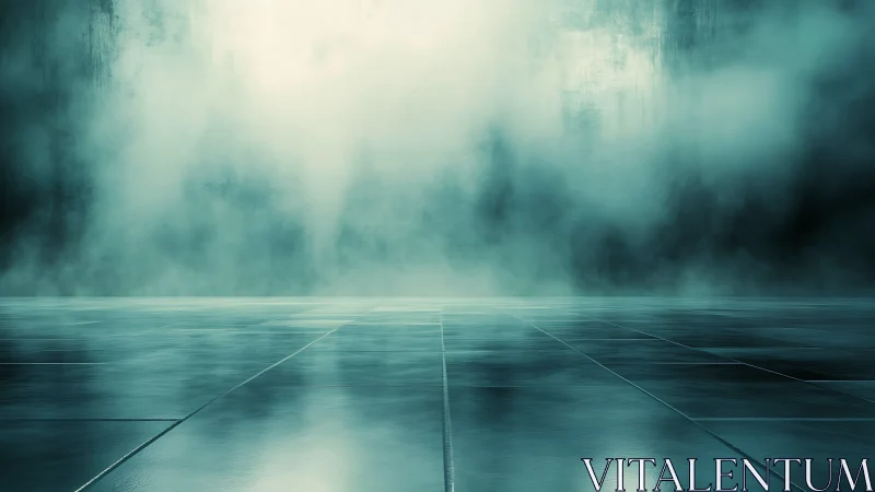 Empty tiled floor recedes into dense ambient fog layer